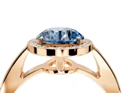 Bezel-Framed Halo Engagement Ring Setting for Fancy Blue Round Cut Center with Pave Band and Prong Head in Rose Gold