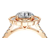 Milgrain Floral Halo Engagement Ring Setting for Round Cut Center with Pave Band and Prong Head in Rose Gold