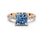Solitaire Engagement Ring Setting for Fancy Blue Princess Cut Center with Trailing Leaf Accent Band and Prong Head in Rose Gold