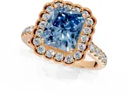 Milgrain Floral Halo Engagement Ring Setting for Fancy Blue Radiant Cut Center with Pave Band and Prong Head in Rose Gold