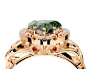 Halo Engagement Ring Setting for Fancy Green Heart-Shaped Center with Open Scroll Shoulders and Prong Head in Rose Gold