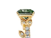 Leaf Motif Engagement Ring Setting for Fancy Green Radiant Cut Center with Pave Band and Prong Head in Yellow Gold