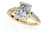 Cathedral Engagement Ring Setting for Radiant Cut Center with Antique-Style Pave Band and Prong Head in Yellow Gold