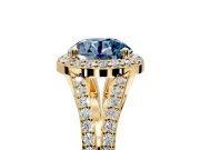 Halo Engagement Ring Setting for Fancy Blue Round Cut Center with Pave Split Shank and Prong Head in Yellow Gold