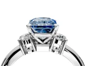 3 Stone Engagement Ring Setting for Fancy Blue Radiant Cut Center with Wide Plain Band and Prong Head in Platinum