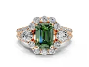 Halo Engagement Ring Setting for Fancy Green Emerald Cut Center with Two-Strand Split Shank and Prong Head in Rose Gold