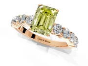 Shared-Prong Engagement Ring Setting for Fancy Yellow Emerald Cut Center with Graduated Accents and Prong Head in Rose Gold