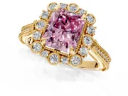 Milgrain Halo Engagement Ring Setting for Fancy Pink Radiant Cut Center with Bezel Point Accents and Prong Head in Yellow Gold