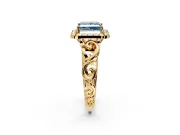 Halo Engagement Ring Setting for Fancy Blue Princess Cut Center with Open Scroll Shoulders and Prong Head in Yellow Gold