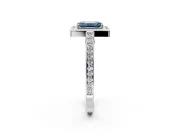 Halo Engagement Ring Setting for Fancy Blue Emerald Cut Center with Framed Halo, Pave Band and Prong Head in White Gold