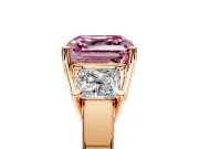 3 Stone Engagement Ring Setting for Fancy Pink Asscher Cut Center with Matching Side Accents and Prong Head in Rose Gold