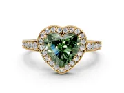 Bezel-Framed Halo Engagement Ring Setting for Fancy Green Heart-Shaped Center with Pave Band and Prong Head in Yellow Gold