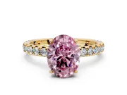 Solitaire Engagement Ring Setting for Fancy Pink Oval Center with Shared-Prong Accents and Prong Head in Yellow Gold