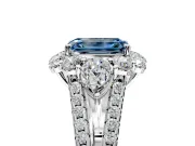 Halo Engagement Ring Setting for Fancy Blue Emerald Cut Center with Two-Strand Split Shank and Prong Head in Sterling Silver