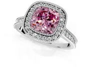 Halo Engagement Ring Setting for Fancy Pink Cushion Cut Center with Milgrain Pave Band and Bezel Head in White Gold