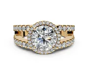 Halo Engagement Ring Setting for Round Cut Center with Wide-Open Pave Split Shank and Prong Head in Yellow Gold