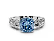 Leaf Engagement Ring Setting for Fancy Blue Cushion Cut Center with Milgrain Accent Band and Prong Head in White Gold
