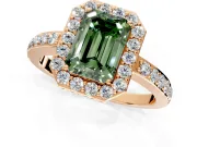 Halo Engagement Ring Setting for Fancy Green Emerald Cut Center with Heart-Shaped Openwork, Pave Band and Prong Head in Rose Gold