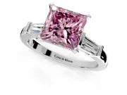 3 Stone Engagement Ring Setting for Fancy Pink Princess Cut Center with Channel Baguette Accents and Prong Head in Platinum