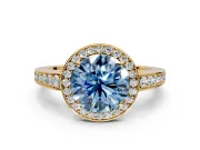 Bezel-Framed Halo Engagement Ring Setting for Fancy Blue Round Cut Center with Pave Band and Prong Head in Yellow Gold