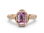 Floral Engagement Ring Setting for Fancy Pink Emerald Cut Center with Four Accent Clusters and Prong Head in Rose Gold