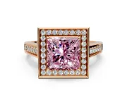 Halo Engagement Ring Setting for Fancy Pink Princess Cut Center with Outer Bezel Rim, Pave Band and Prong Head in Rose Gold
