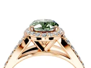 Halo Engagement Ring Setting for Fancy Green Oval Center with Narrow Pave Split Shank and Prong Head in Rose Gold