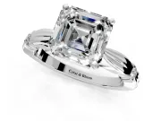 Solitaire Engagement Ring Setting for Asscher Cut Center with Carved Leaf Shoulders and Prong Head in Sterling Silver