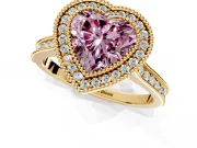 Halo Engagement Ring Setting for Fancy Pink Heart-Shaped Center with Milgrain Pave Band and Bezel Head in Yellow Gold