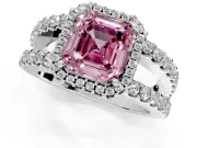 Halo Engagement Ring Setting for Fancy Pink Asscher Cut Center with Wide-Open Pave Split Shank and Prong Head in Platinum
