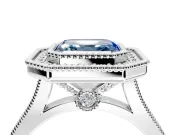 Halo Engagement Ring Setting for Fancy Blue Asscher Cut Center with Milgrain Frame, Pave Band and Prong Head in Sterling Silver