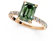 Solitaire Engagement Ring Setting for Fancy Green Emerald Cut Center with Fine Pave Narrow Band and Prong Head in Rose Gold