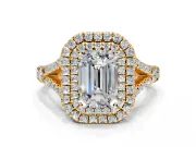 Double Halo Engagement Ring Setting for Emerald Cut Center with Narrow Pave Split Shank and Prong Head in Yellow Gold