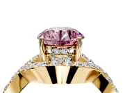Halo Engagement Ring Setting for Fancy Pink Round Cut Center with Pave Infinity Twist Band and Prong Head in Yellow Gold
