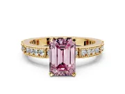 Solitaire Engagement Ring Setting for Fancy Pink Emerald Cut Center with Milgrain-Edged Pave Band and Prong Head in Yellow Gold
