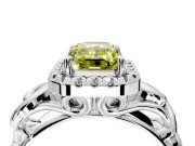 Halo Engagement Ring Setting for Fancy Yellow Emerald Cut Center with Open Scroll Shoulders and Prong Head in Sterling Silver