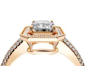 Milgrain Halo Engagement Ring Setting for Emerald Cut Center with Three-Sided Pave Band and Prong Head in Rose Gold