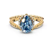 Halo Engagement Ring Setting for Fancy Blue Pear-Shaped Center with Rope Twist Split Shank and Prong Head in Yellow Gold