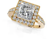 Bezel-Framed Halo Engagement Ring Setting for Princess Cut Center with Pave Band and Prong Head in Yellow Gold