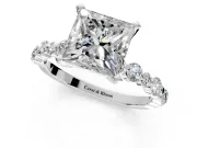 Solitaire Engagement Ring Setting for Princess Cut Center with Alternating Size Accents and Prong Head in White Gold