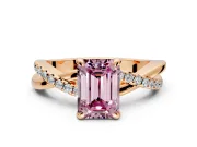 Solitaire Engagement Ring Setting for Fancy Pink Emerald Cut Center with Half-Pave Crossover Band and Prong Head in Rose Gold
