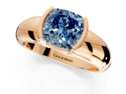 Tension Engagement Ring Setting for Fancy Blue Cushion Cut Center with Wide Flat Band and Tension Head in Rose Gold