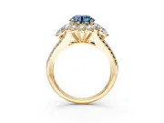 Halo Engagement Ring Setting for Fancy Blue Round Cut Center with Two-Strand Split Shank and Prong Head in Yellow Gold