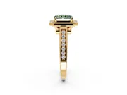 Halo Engagement Ring Setting for Fancy Green Emerald Cut Center with Outer Bezel Rim, Pave Band and Prong Head in Yellow Gold