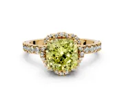 Halo Engagement Ring Setting for Fancy Yellow Cushion Cut Center with Openwork Halo, Pave Band and Prong Head in Yellow Gold