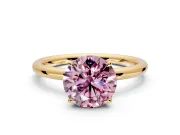 Hidden Halo Engagement Ring Setting for Fancy Pink Round Cut Center with Thin Rounded Band and Prong Head in Yellow Gold
