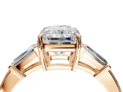 3 Stone Engagement Ring Setting for Radiant Cut Center with Baguette Accents and Prong Head in Rose Gold
