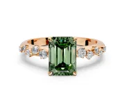 Cluster Engagement Ring Setting for Fancy Green Emerald Cut Center with Round Cut Accent Band and Prong Head in Rose Gold
