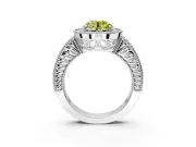 Milgrain Halo Engagement Ring Setting for Fancy Yellow Round Cut Center with Pave Band and Prong Head in White Gold