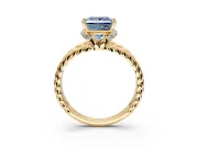 Halo Engagement Ring Setting for Fancy Blue Princess Cut Center with Rope Twist Split Shank and Prong Head in Yellow Gold